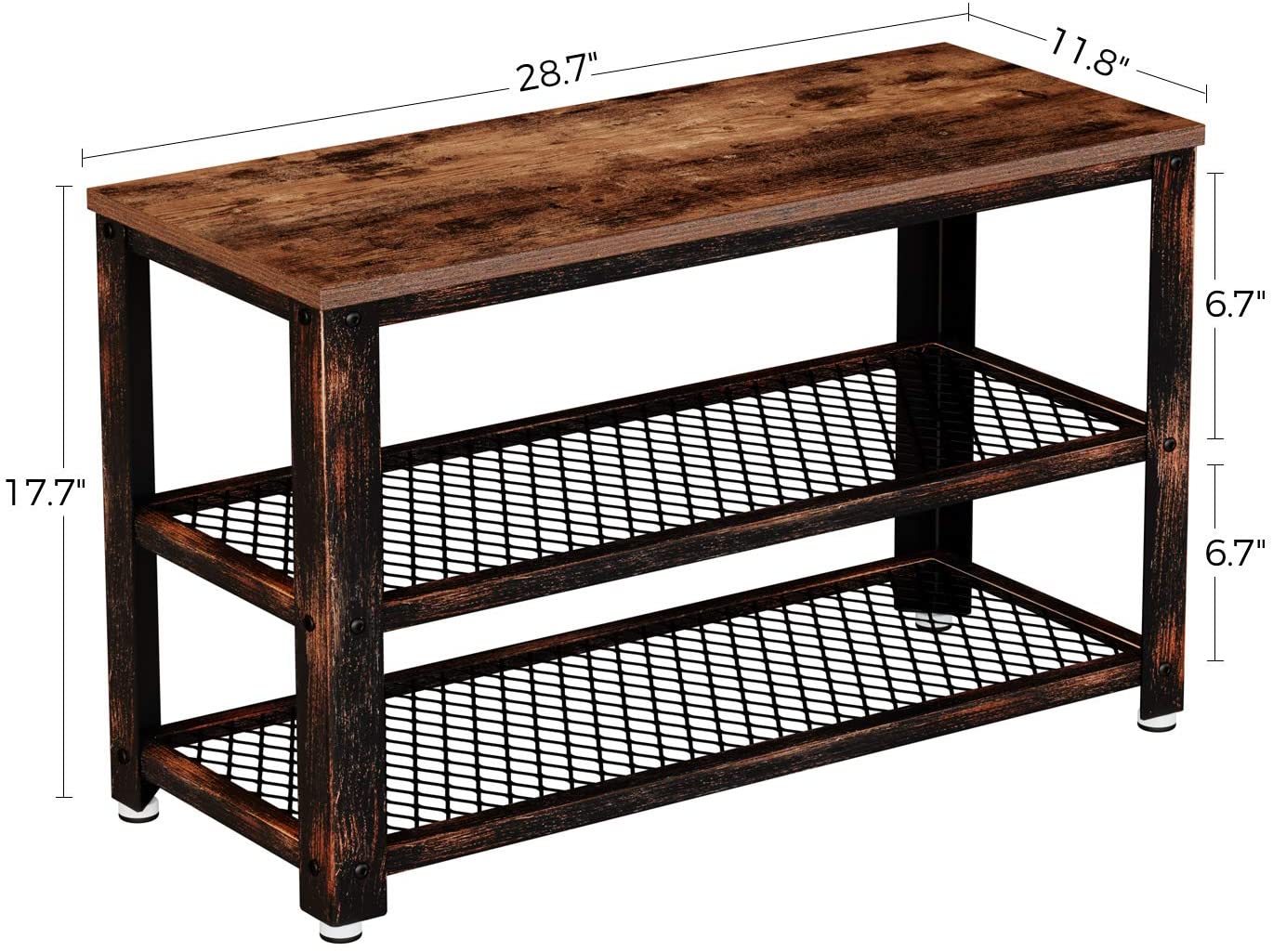 Benches Storage Entry Bench with Mesh Shelves Wood Seat, Rustic Foyer Bench for Hallway Front Door, Doorway, Living Room, Mudroom, Steel Frame, Rustic Brown 