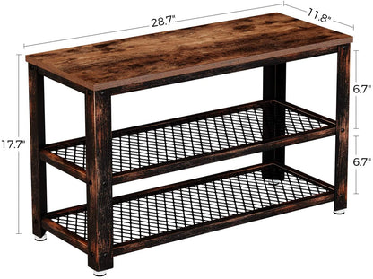 Benches Storage Entry Bench with Mesh Shelves Wood Seat, Rustic Foyer Bench for Hallway Front Door, Doorway, Living Room, Mudroom, Steel Frame, Rustic Brown 