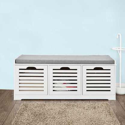 Benches: White Storage Bench with 3 Drawers & Padded Seat Cushion
