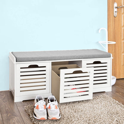 Benches: White Storage Bench with 3 Drawers & Padded Seat Cushion