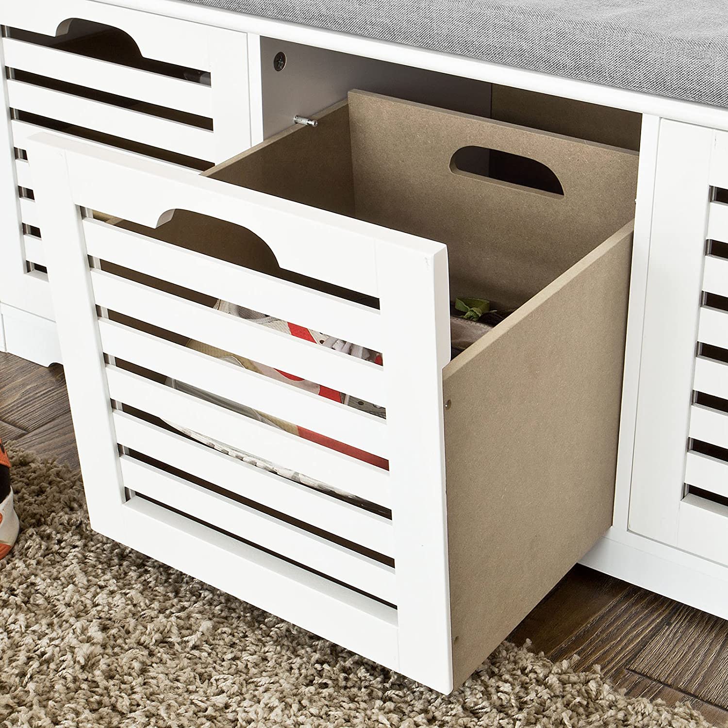 Benches: White Storage Bench with 3 Drawers & Padded Seat Cushion