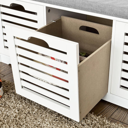 Benches: White Storage Bench with 3 Drawers & Padded Seat Cushion