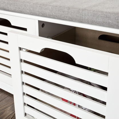 Benches: White Storage Bench with 3 Drawers & Padded Seat Cushion