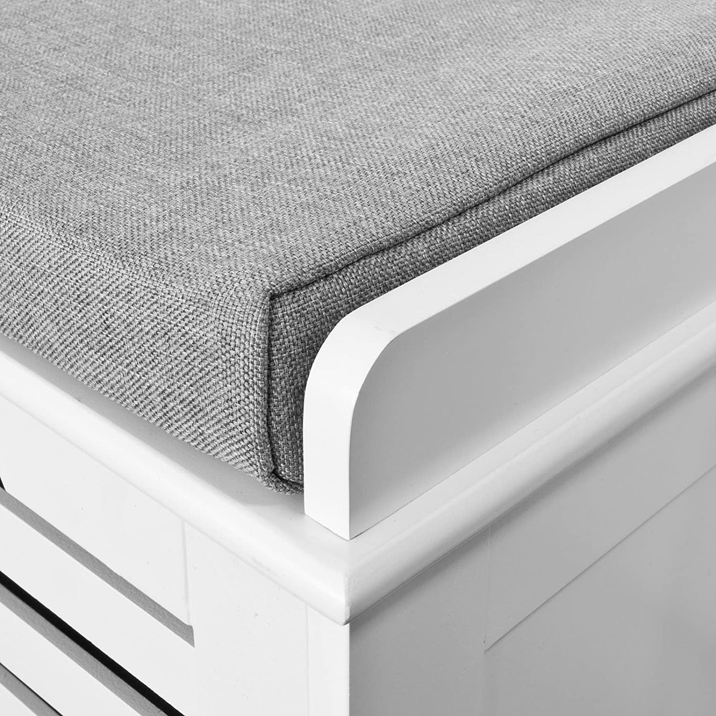 Benches: White Storage Bench with 3 Drawers & Padded Seat Cushion