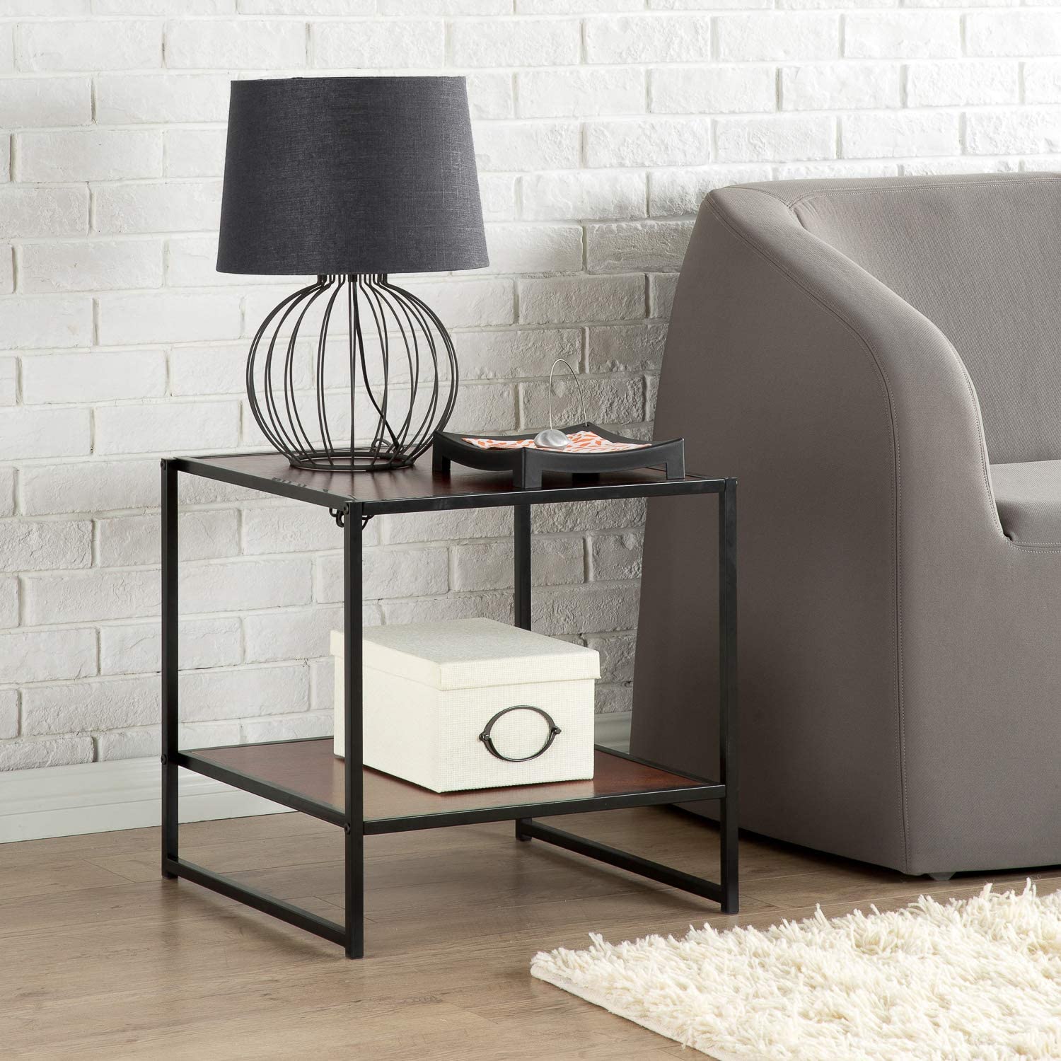 Side Tables:Black Frame Side Table / End Table / Easy Assembly, Red mahogany wood grain
