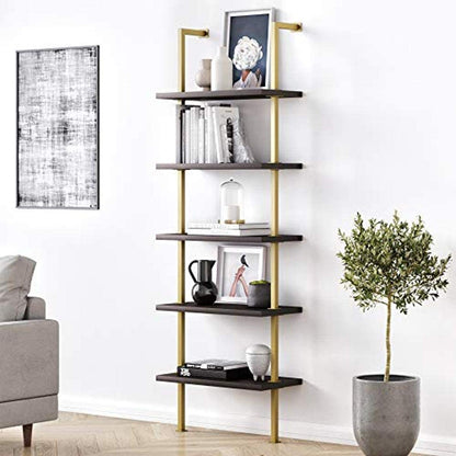Bookshelf: 5-Shelf Oak Wood Modern Bookcase, Black Metal Frame 
