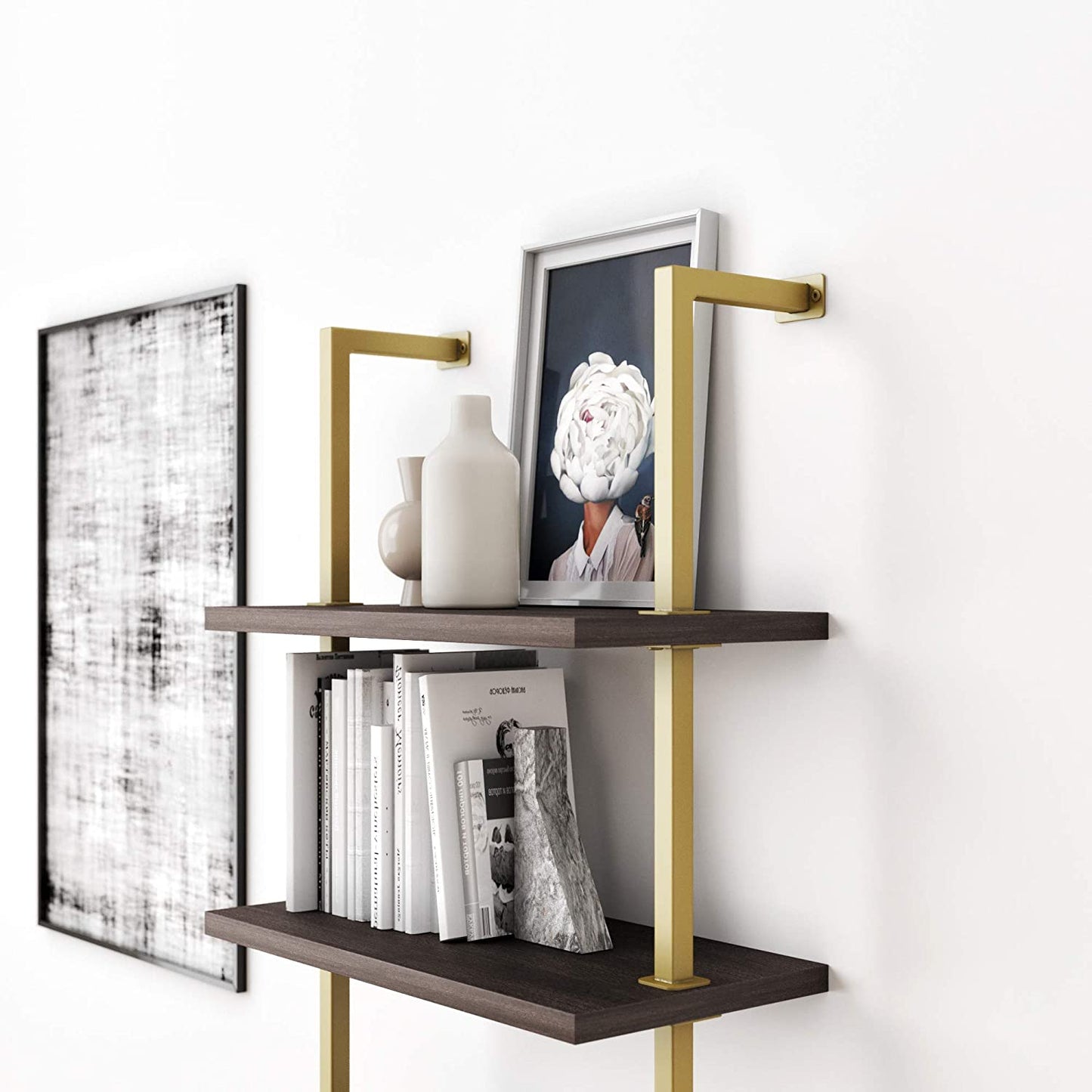 Bookshelf: 5-Shelf Oak Wood Modern Bookcase, Black Metal Frame 