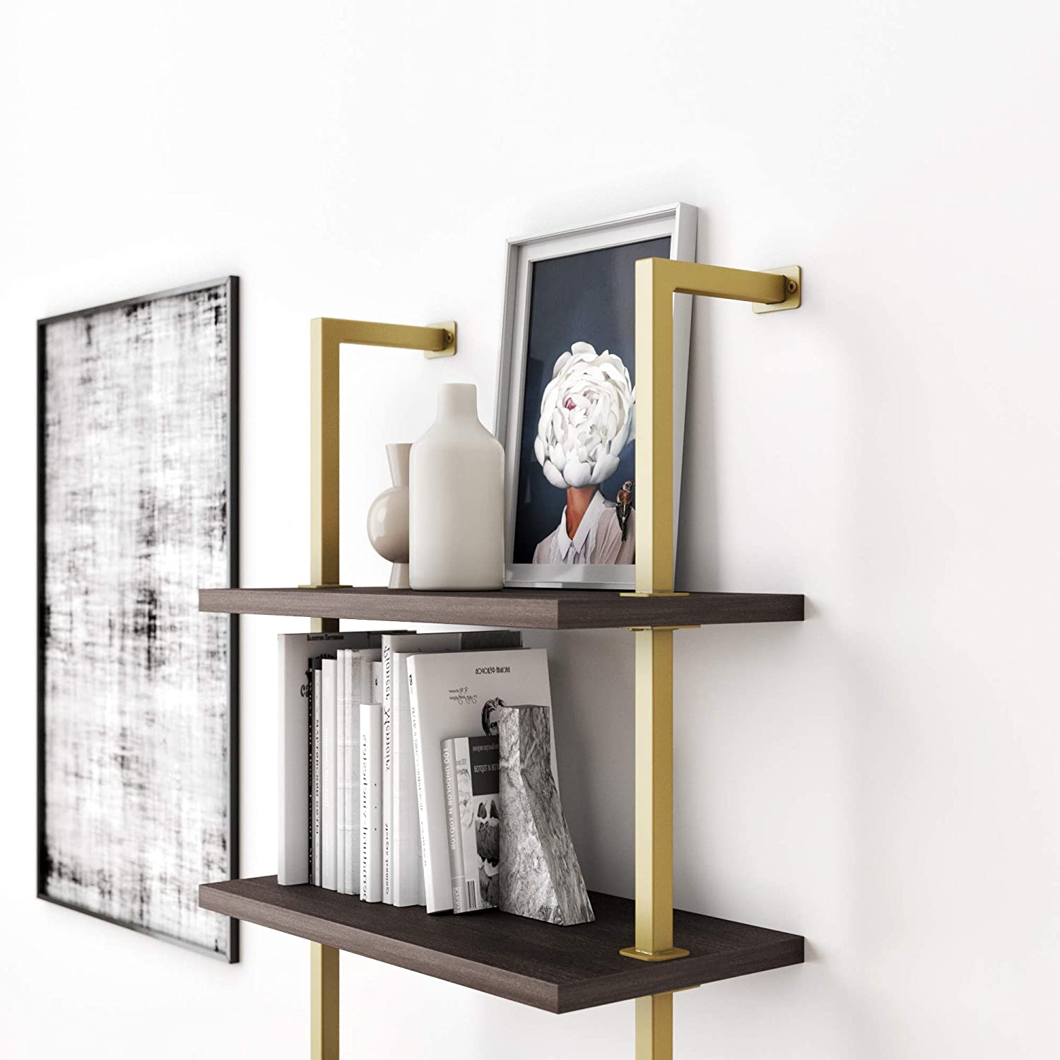 Bookshelf: 5-Shelf Oak Wood Modern Bookcase, Black Metal Frame 