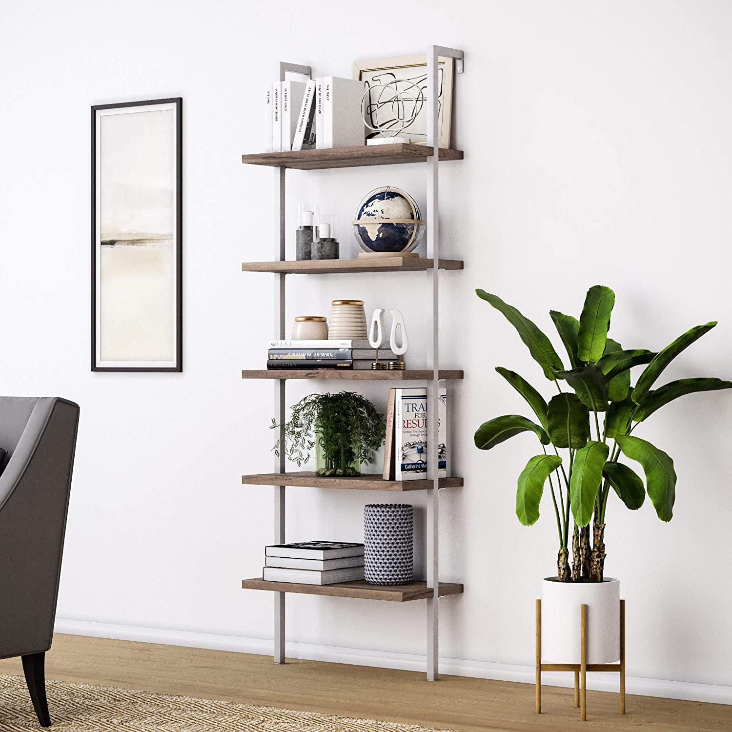 Bookshelf: 5-Shelf Oak Wood Modern Bookcase, Black Metal Frame 