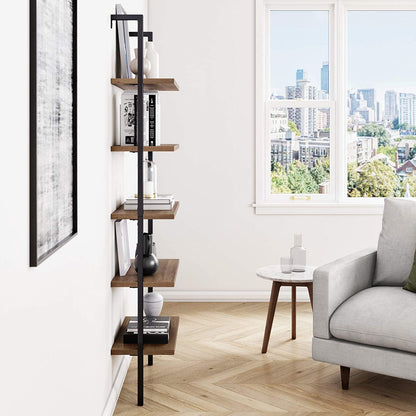 Bookshelf: 5-Shelf Oak Wood Modern Bookcase, Black Metal Frame 