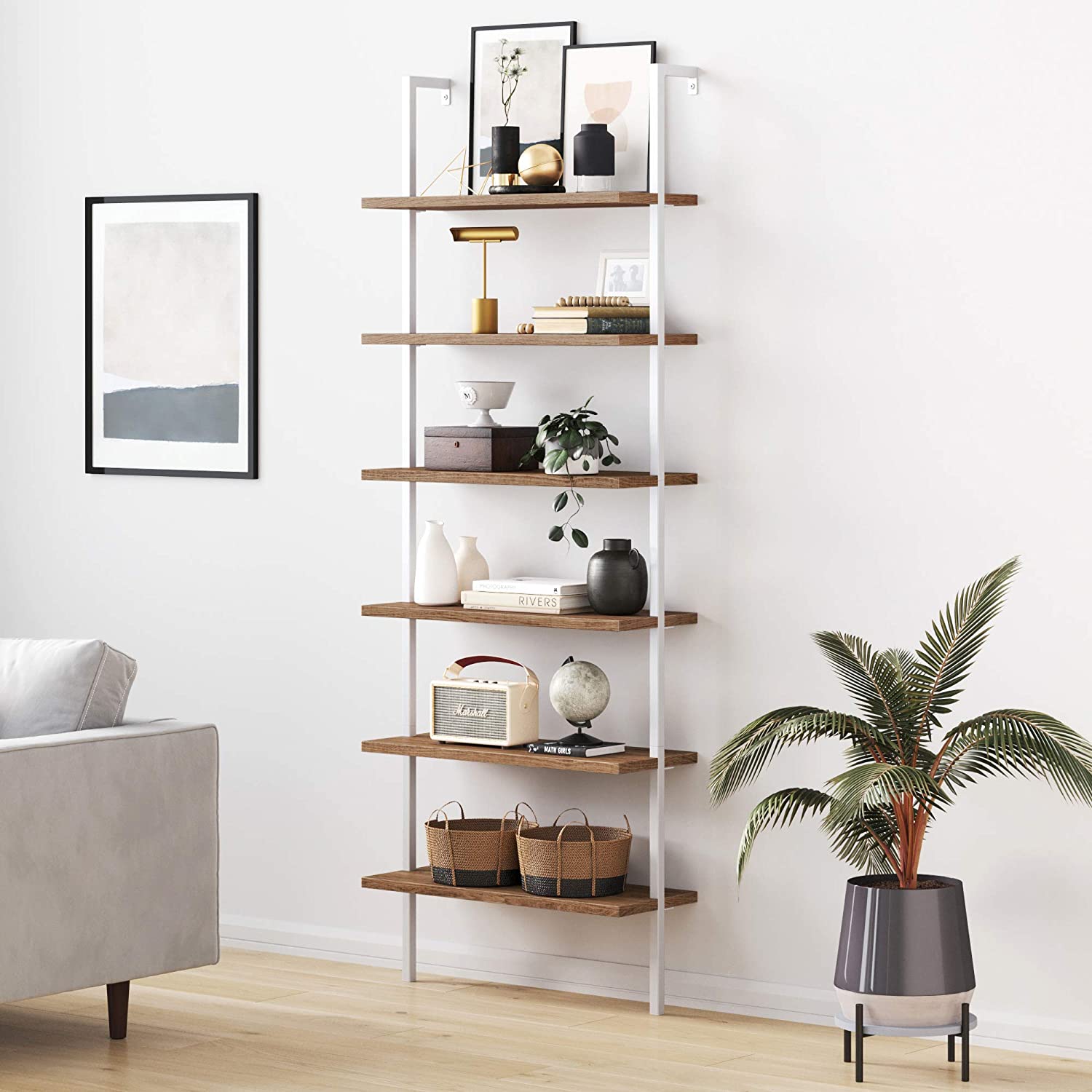 Bookshelf: 5-Shelf Oak Wood Modern Bookcase, Black Metal Frame 