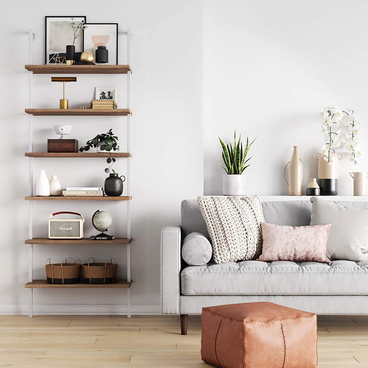Bookshelf: 5-Shelf Oak Wood Modern Bookcase, Black Metal Frame 