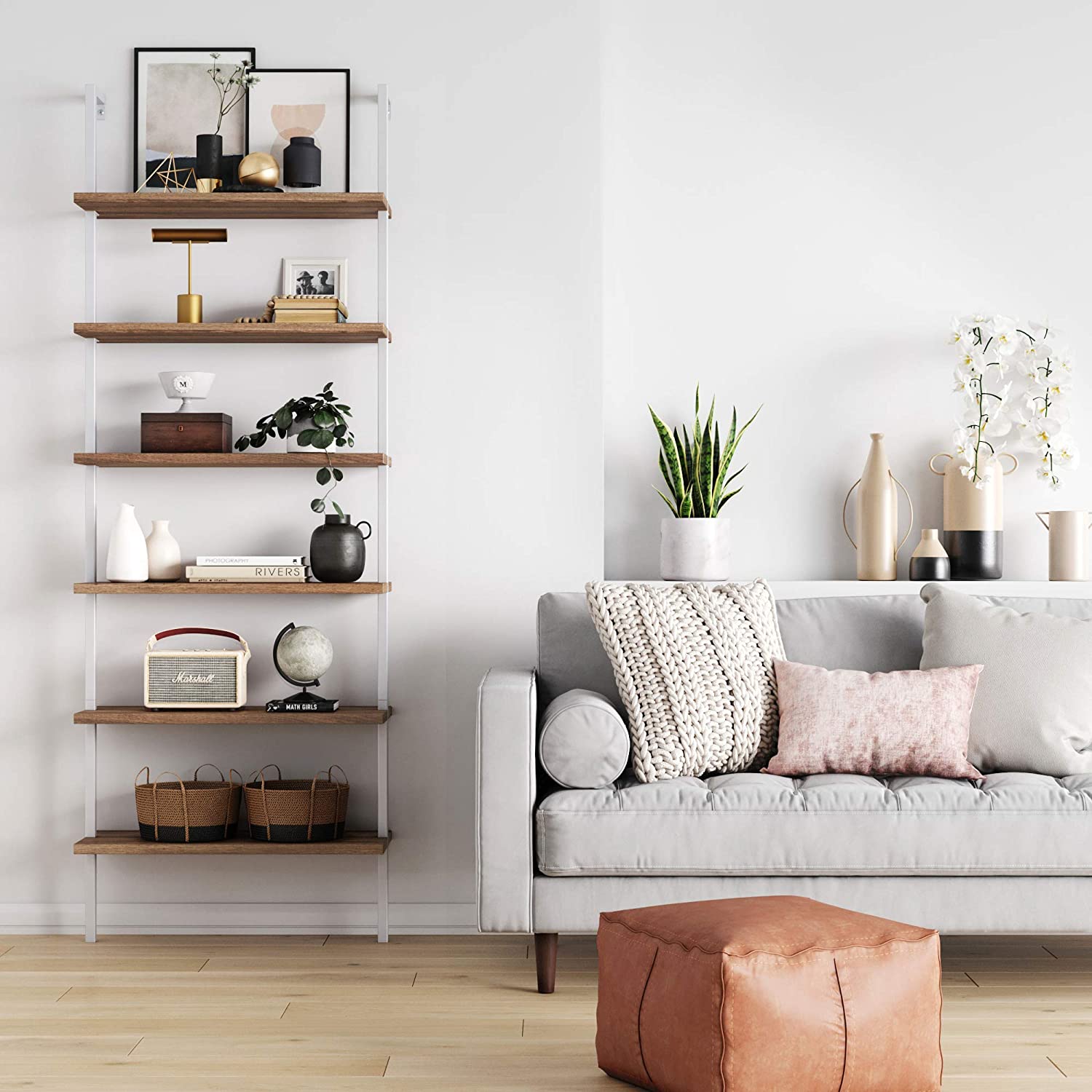Bookshelf: 5-Shelf Oak Wood Modern Bookcase, Black Metal Frame 