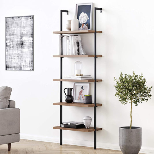 Bookshelf: 5-Shelf Oak Wood Modern Bookcase, Black Metal Frame 