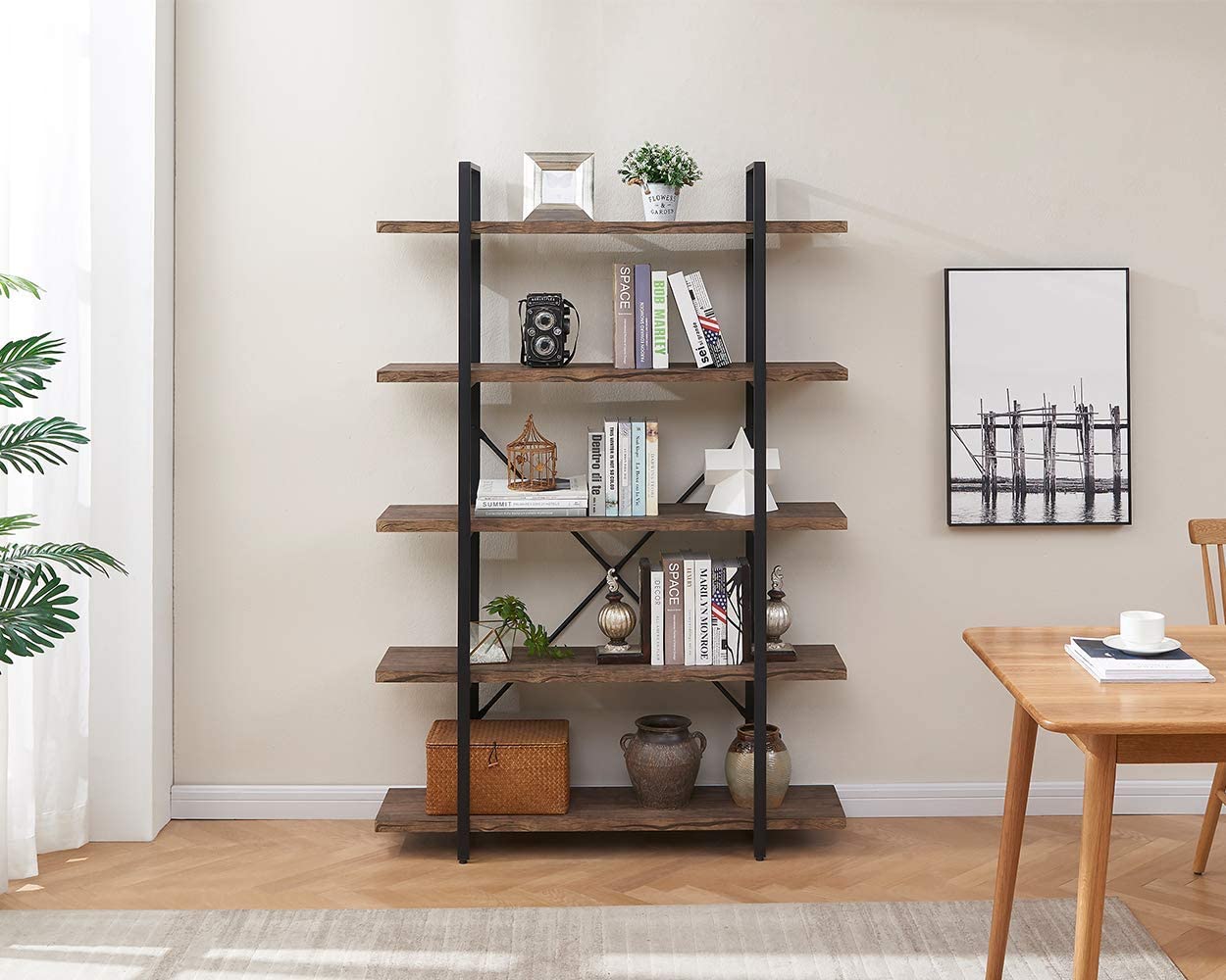 Bookshelf: 5-Shelf Open Bookcase with Metal Frame