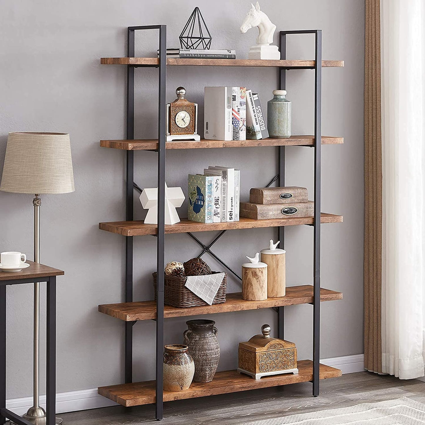 Bookshelf: 5-Shelf Open Bookcase with Metal Frame