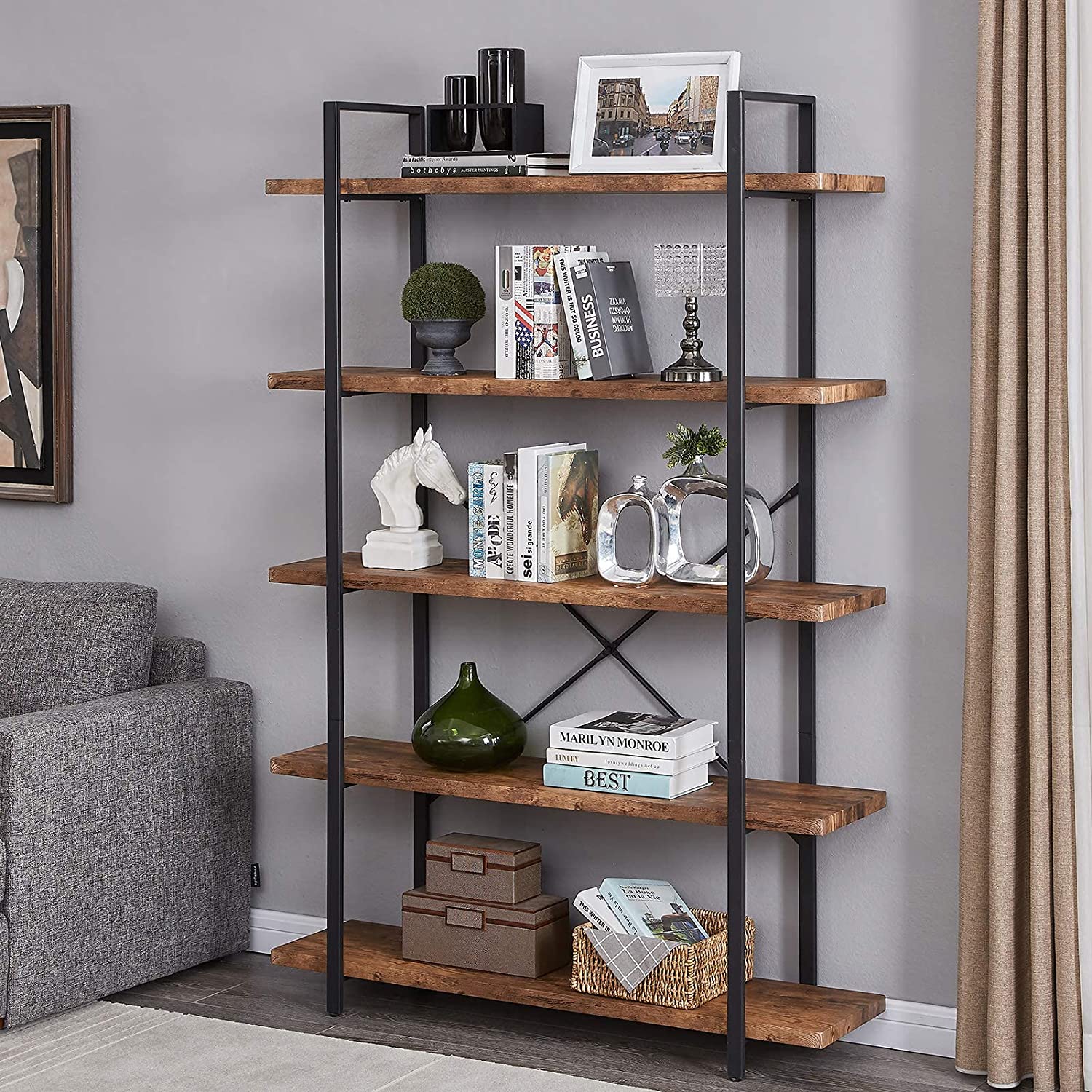 Bookshelf: 5-Shelf Open Bookcase with Metal Frame