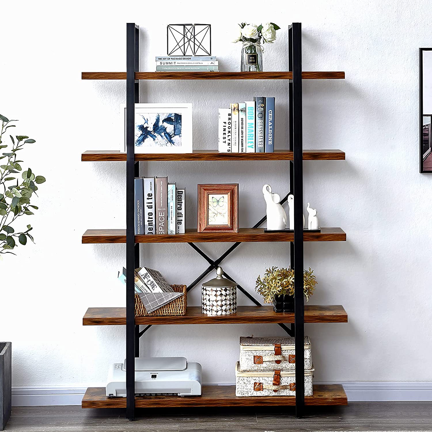 Bookshelf: 5-Shelf Open Bookcase with Metal Frame