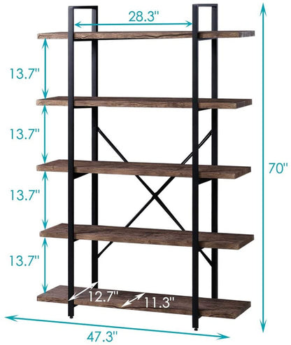 Bookshelf: 5-Shelf Open Bookcase with Metal Frame