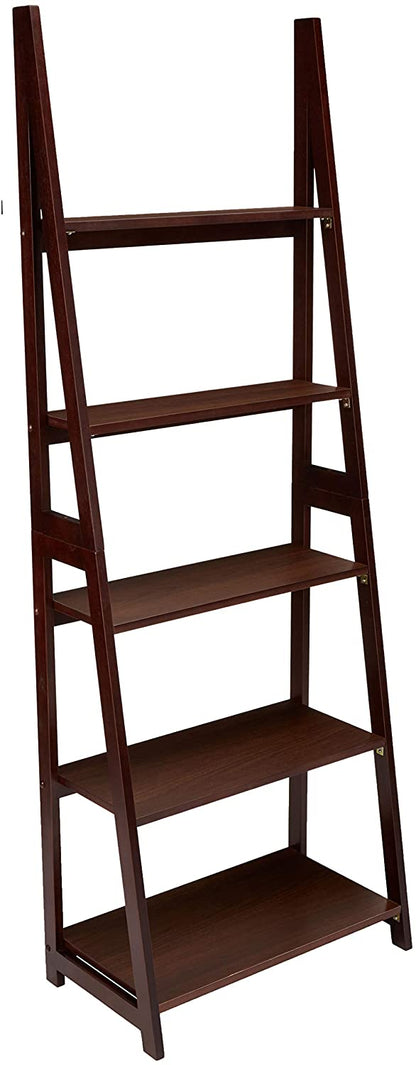 Bookshelf: 5-Tier Ladder Bookshelf Organizer with Solid Rubber Wood Frame