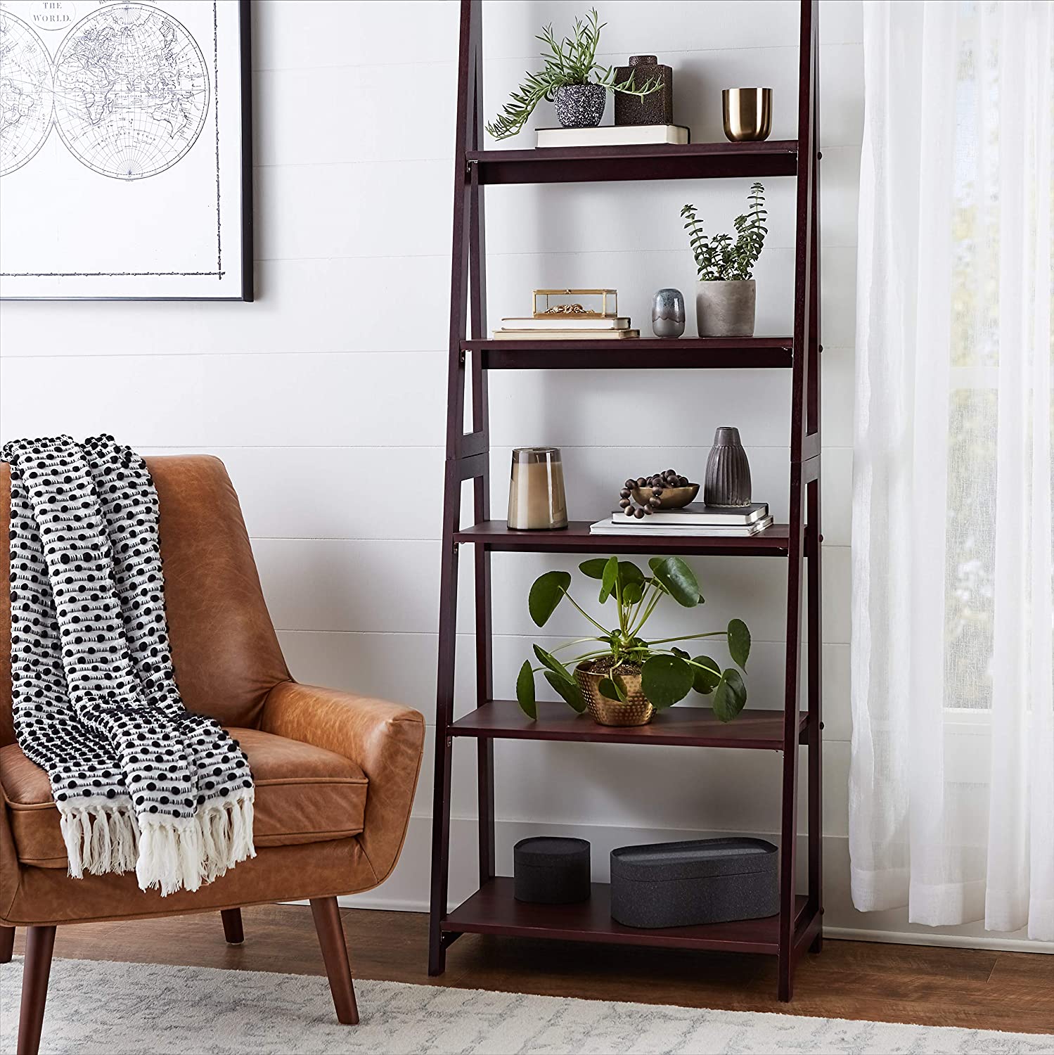 Bookshelf: 5-Tier Ladder Bookshelf Organizer with Solid Rubber Wood Frame