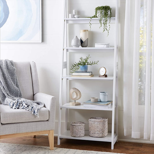 Bookshelf: 5-Tier Ladder Bookshelf Organizer with Solid Rubber Wood Frame