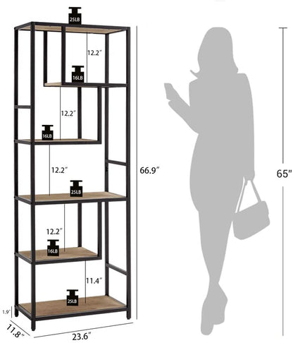 Bookshelf: 6-Tier Open Back Shelf with Wood Look and Metal Frame Bookshelf