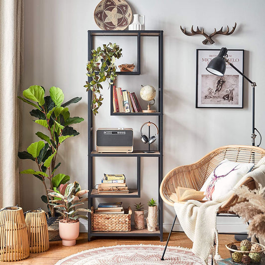 Bookshelf: 6-Tier Open Back Shelf with Wood Look and Metal Frame Bookshelf