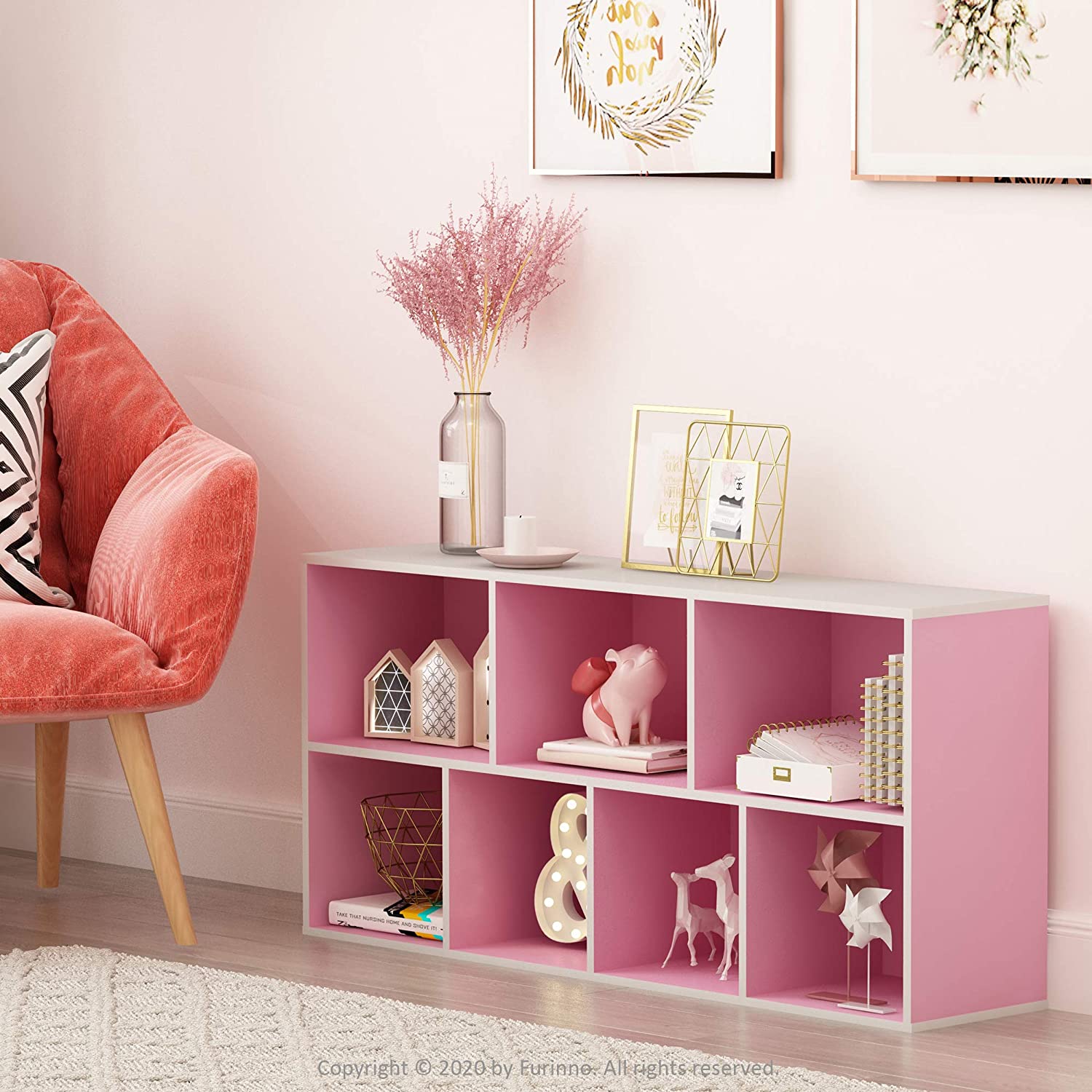 Bookshelf: 7-Cube Reversible Open Shelf, White/Pink 