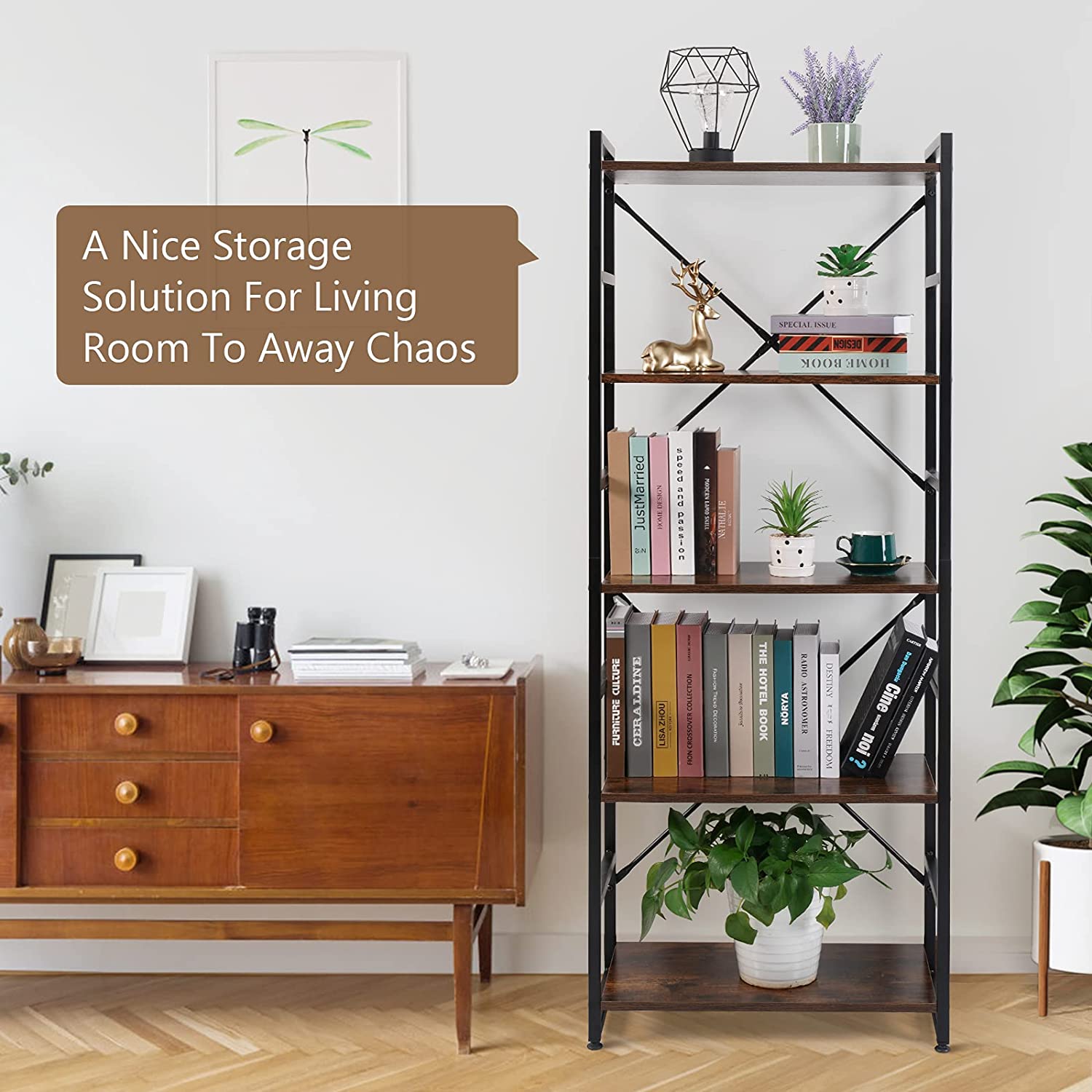 Bookshelf: Modern 5 Tier Standing Metal Frame Book Shelf