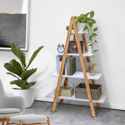 Bookshelf: Natural Bamboo and MDF Shelving, 4-Tier A-Frame Bookcase 