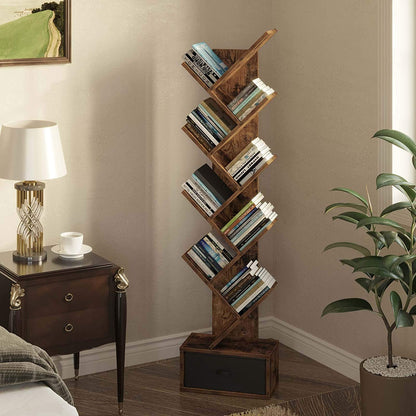 Bookshelf: Rustic Brown 8 Shelf Tree Bookshelf with Drawer