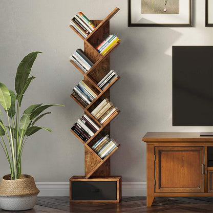 Bookshelf: Rustic Brown 8 Shelf Tree Bookshelf with Drawer