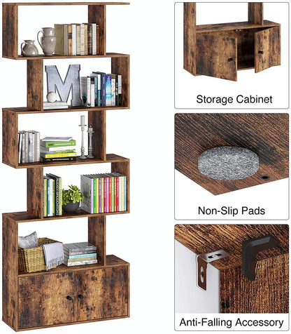 Bookshelf: Rustic Wood 6-Tier Bookcase with Cabinet