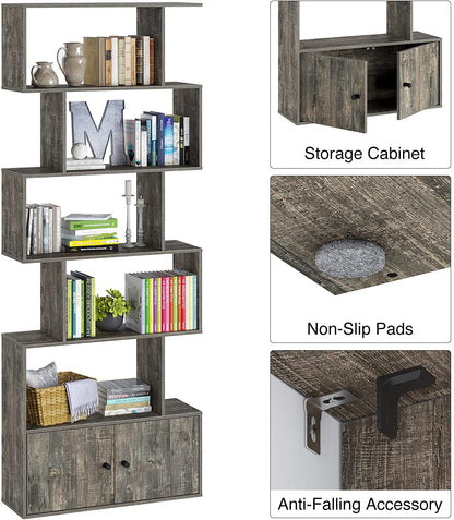 Bookshelf: Rustic Wood 6-Tier Bookcase with Cabinet