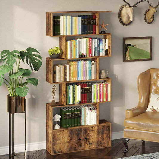 Bookshelf: Rustic Wood 6-Tier Bookcase with Cabinet