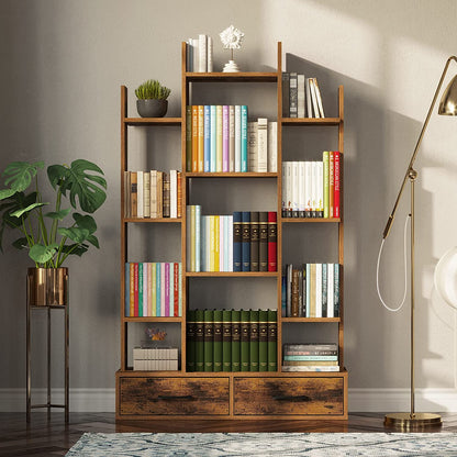 Bookshelf: Rustic Wood Bookshelves with 2 Wooden Drawers