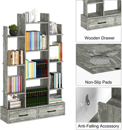 Bookshelf: Rustic Wood Bookshelves with 2 Wooden Drawers