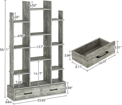 Bookshelf: Rustic Wood Bookshelves with 2 Wooden Drawers