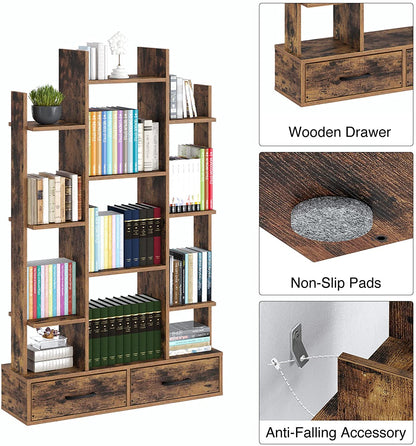 Bookshelf: Rustic Wood Bookshelves with 2 Wooden Drawers