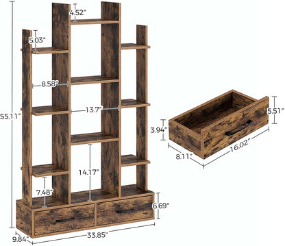 Bookshelf: Rustic Wood Bookshelves with 2 Wooden Drawers