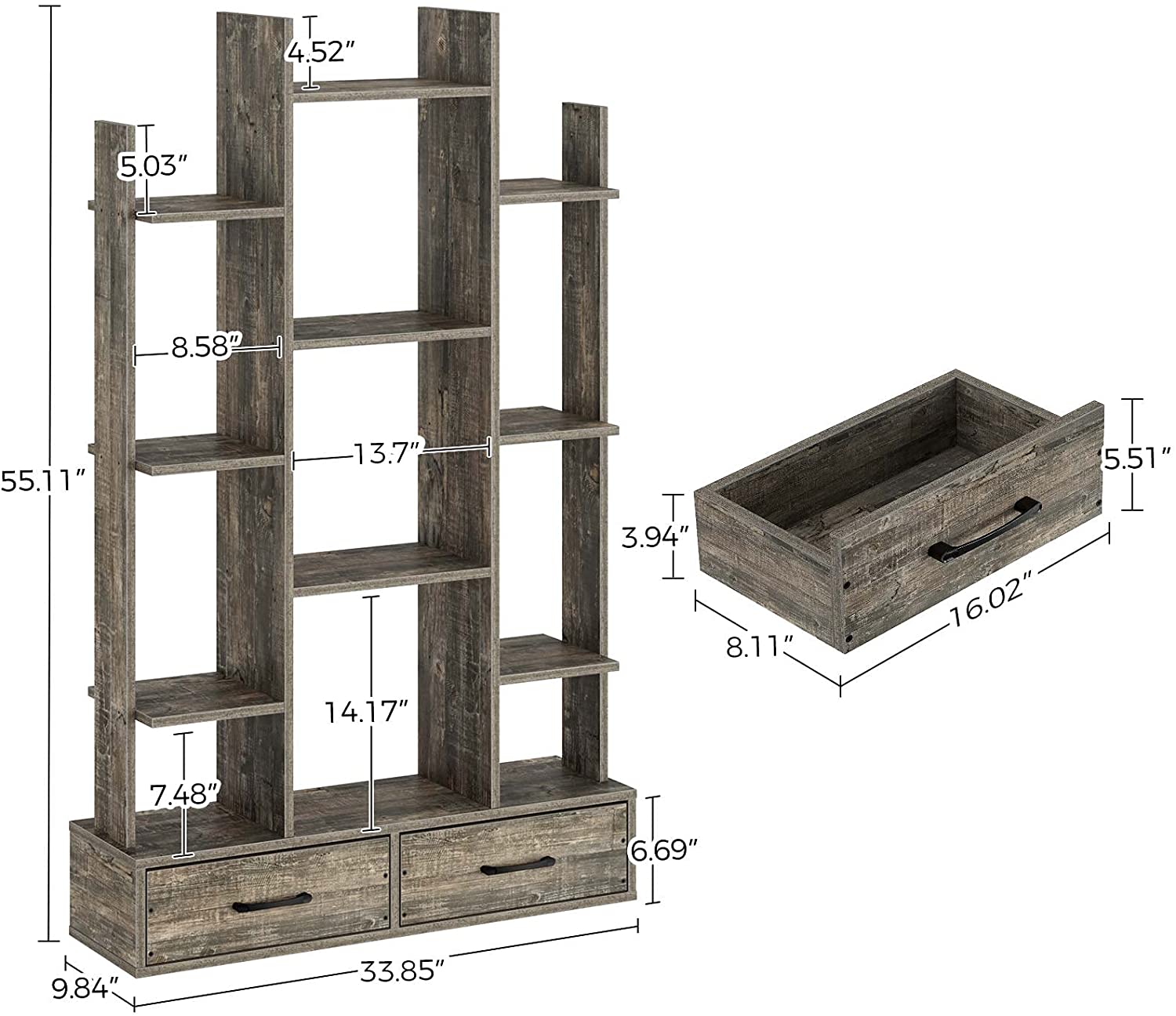 Bookshelf: Rustic Wood Bookshelves with 2 Wooden Drawers