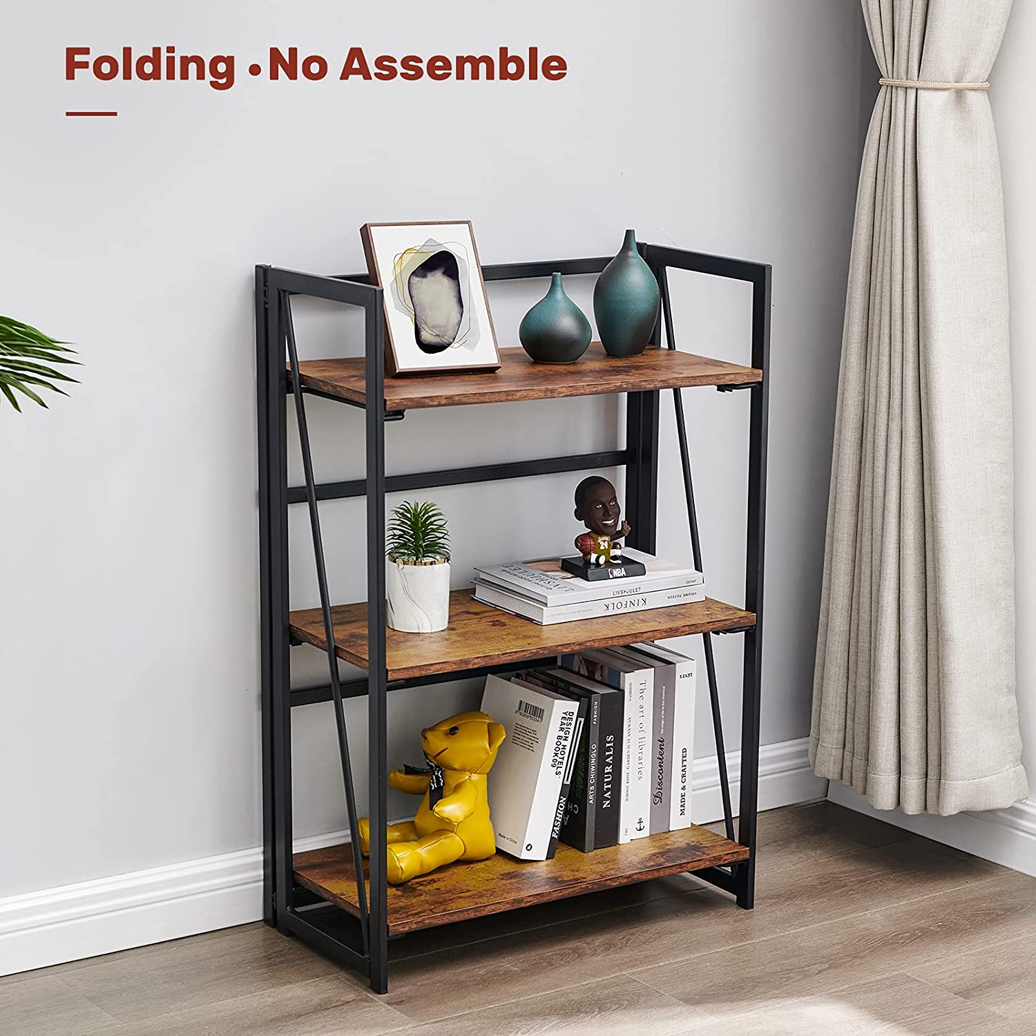 Bookshelf: Vintage 3 Tiers Rustic Metal Book Rack Organizer 