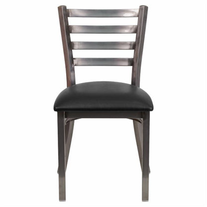 Cafe Chair: 19.5 in. Clear Coated Metal and Vinyl Ladder Back Restaurant Chair