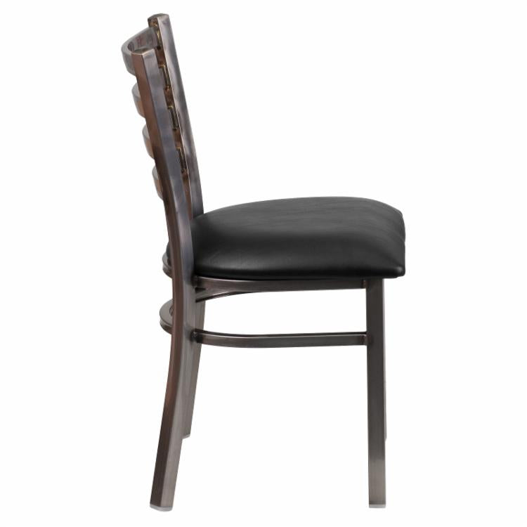 Cafe Chair: 19.5 in. Clear Coated Metal and Vinyl Ladder Back Restaurant Chair
