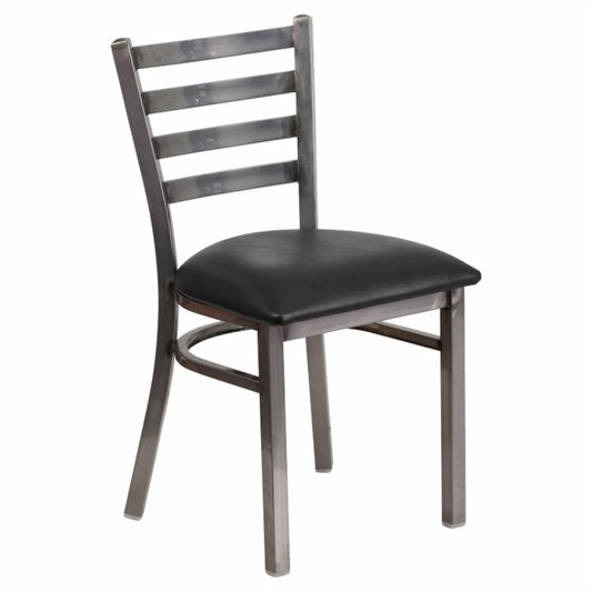 Cafe Chair: 19.5 in. Clear Coated Metal and Vinyl Ladder Back Restaurant Chair