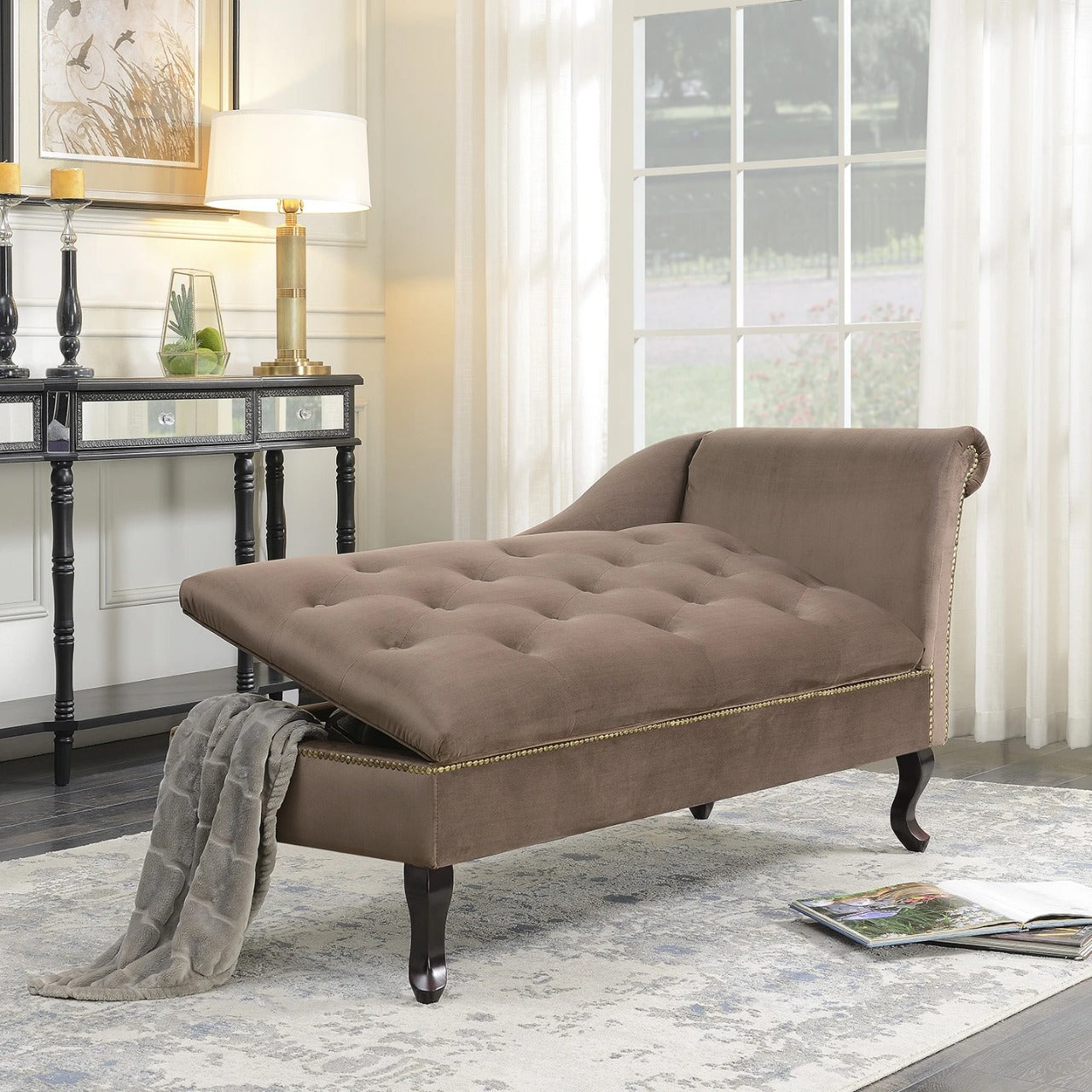 Tufted Chaise: Cozy Brown Velveteen Tufted Chaise Lounge