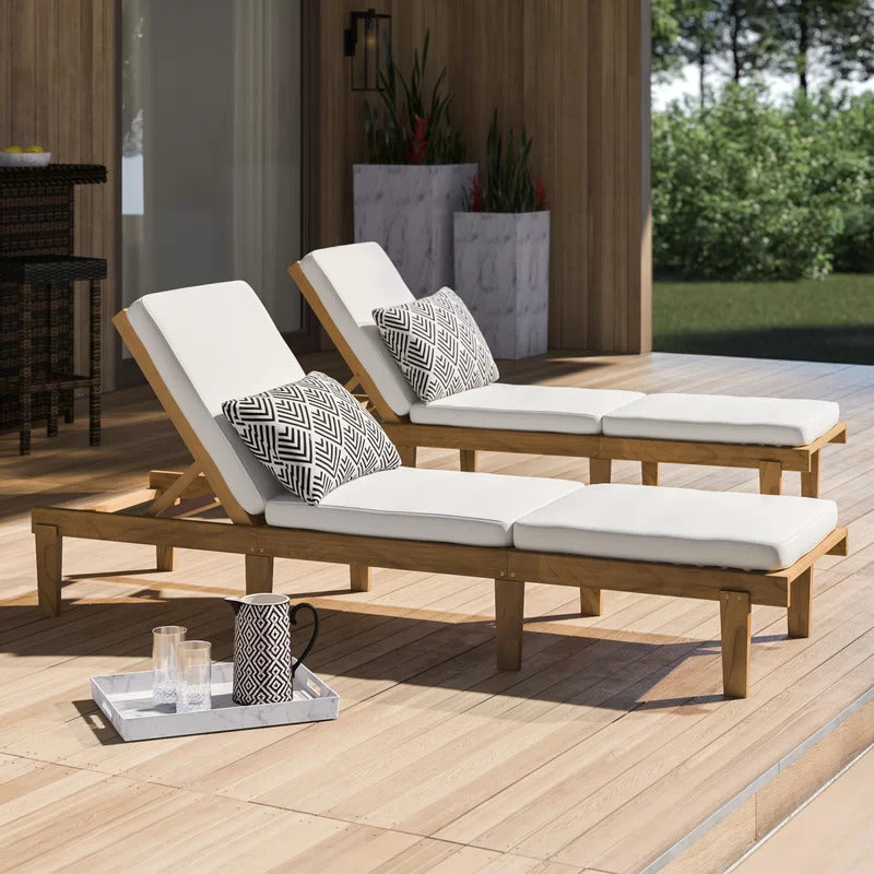 Chaise Lounge: Maeshello 78.74'' Long Reclining Acacia Chaise Lounge Set with Cushions (Set of 2)