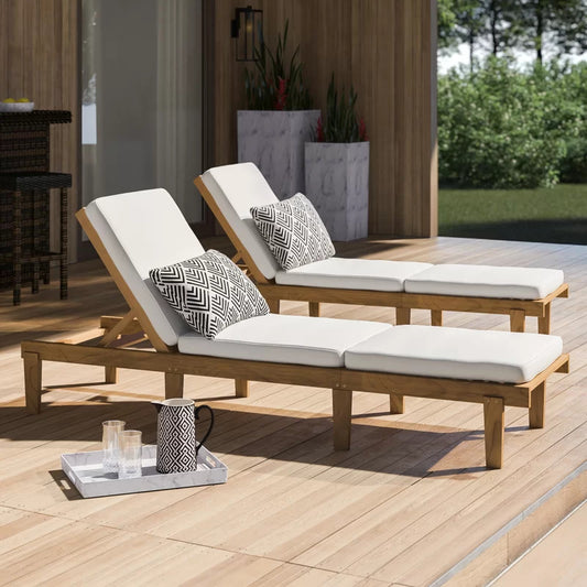 Chaise Lounge: Maeshello 78.74'' Long Reclining Acacia Chaise Lounge Set with Cushions (Set of 2)