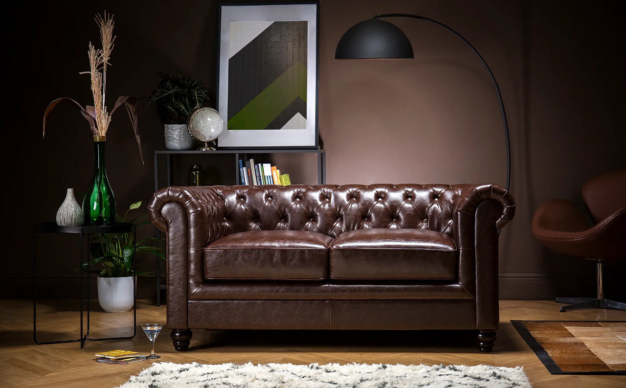 Chesterfield Sofa Set: Chestnut Leatherette 2 Seater Sofa Set